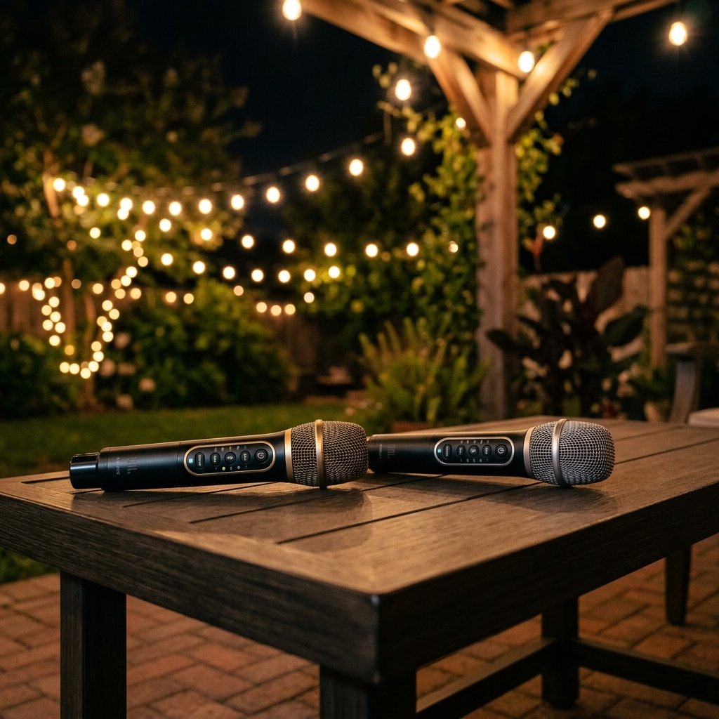 Two wireless karaoke microphones resting side by side on a sleek outdoor patio table