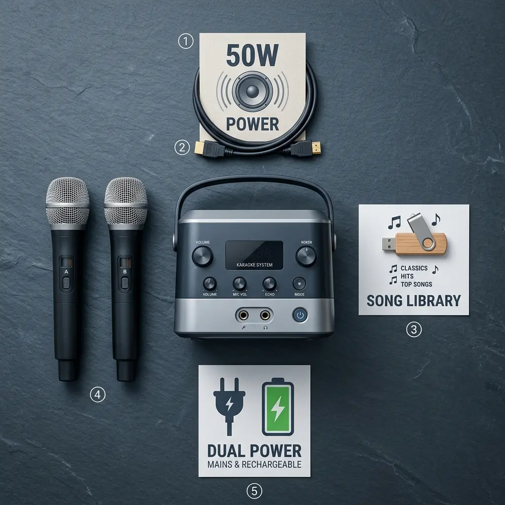 Flat lay of home karaoke machine with 5 buying criteria props: wattage, HDMI, song library, wireless mics, dual power