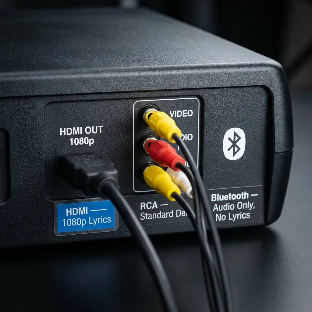 Back panel of home karaoke machine showing HDMI, RCA, and Bluetooth outputs with connection type labels