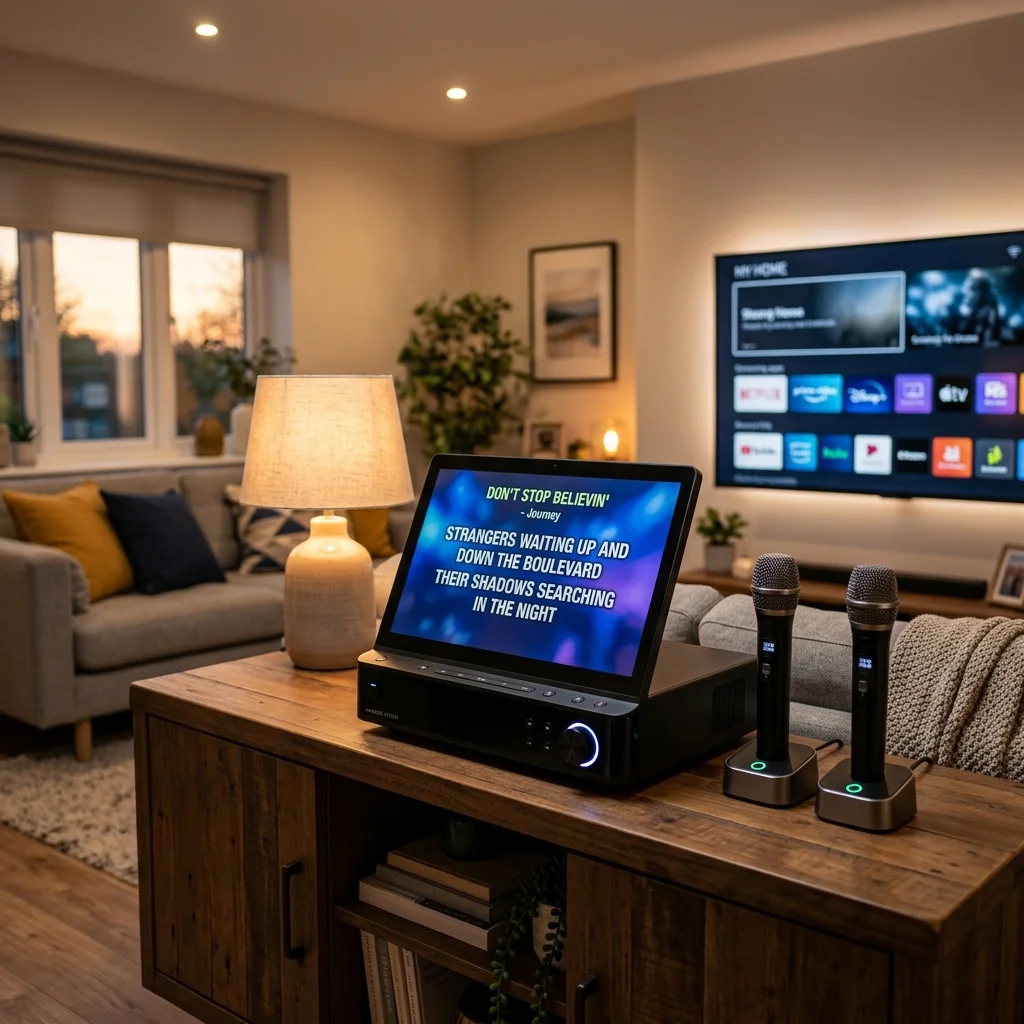 Home karaoke machine with screen displaying lyrics in a modern living room with two wireless microphones