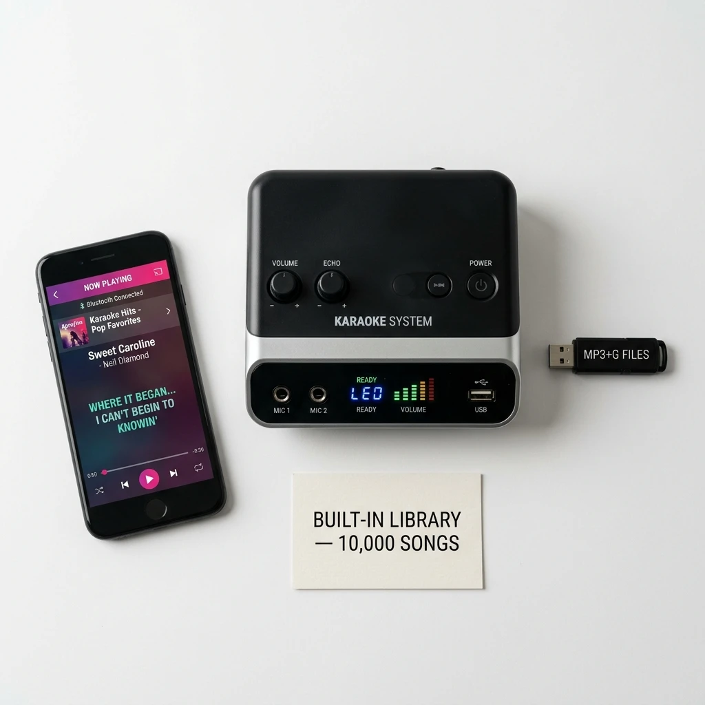 Flat lay of home karaoke machine surrounded by 3 song access methods: Bluetooth streaming, USB drive, and built-in library