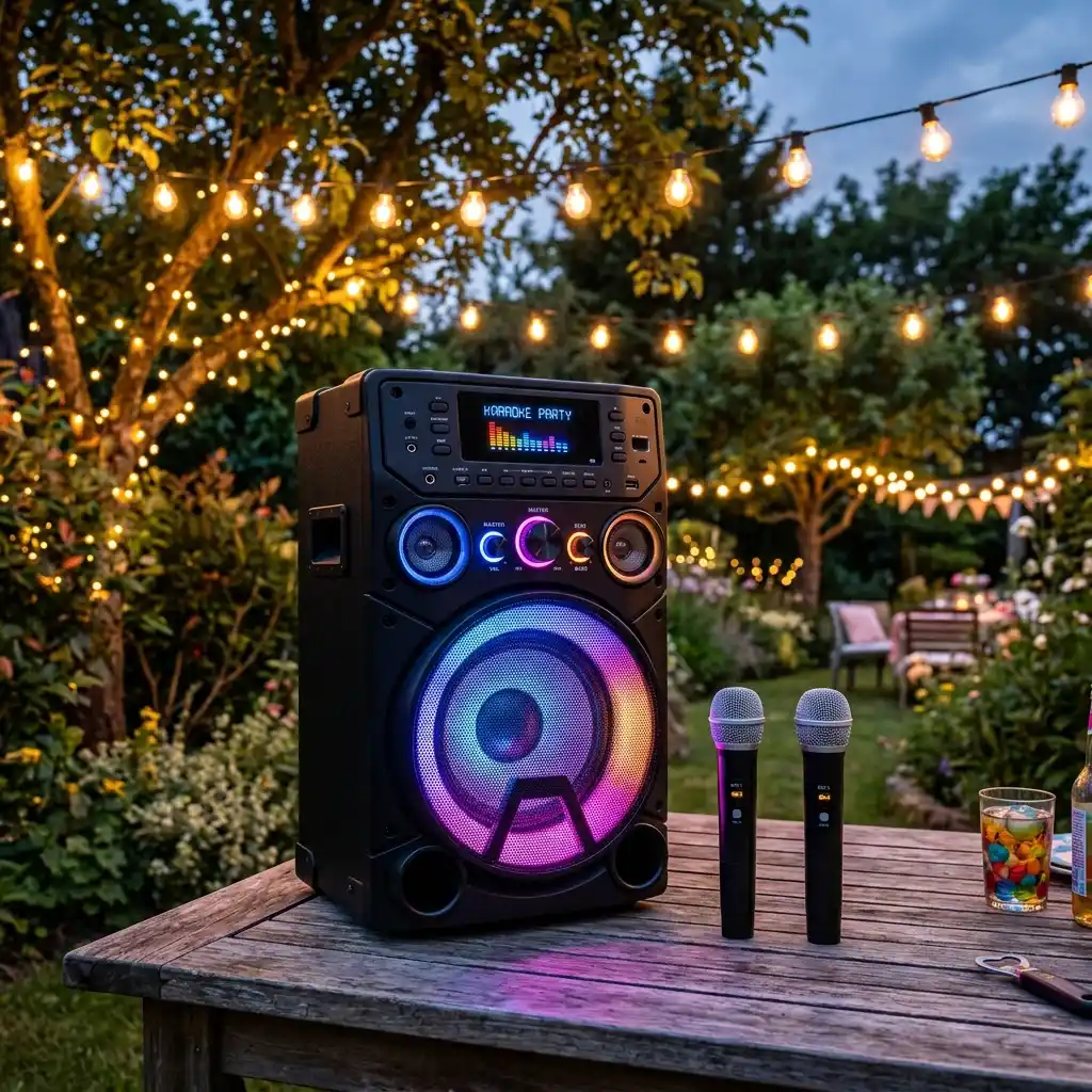 Large battery powered party karaoke machine being used outdoors by a group of adults