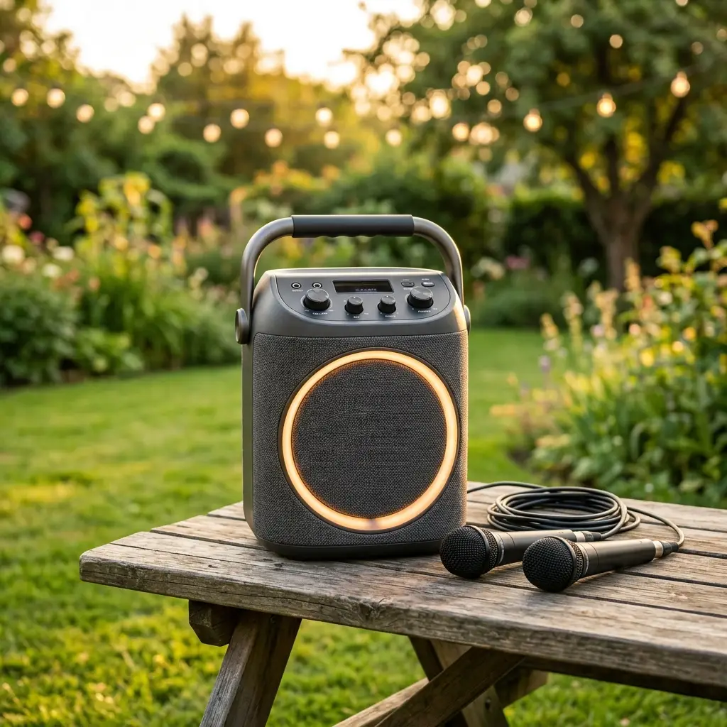 Portable Karaoke Machine - Portable karaoke machine with carry handle on outdoor picnic table with two microphones
