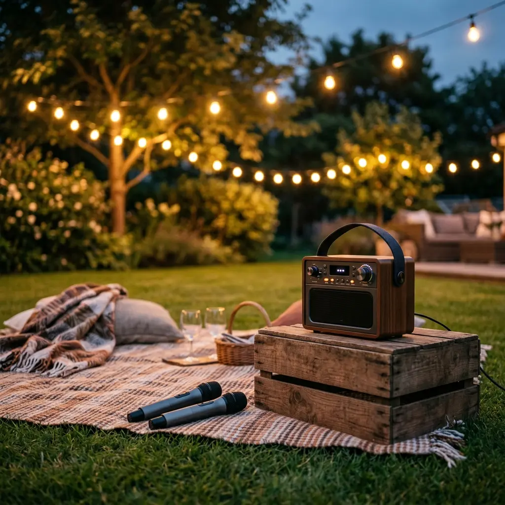 Two people singing with wireless microphones connected to a portable karaoke machine at an outdoor evening gathering