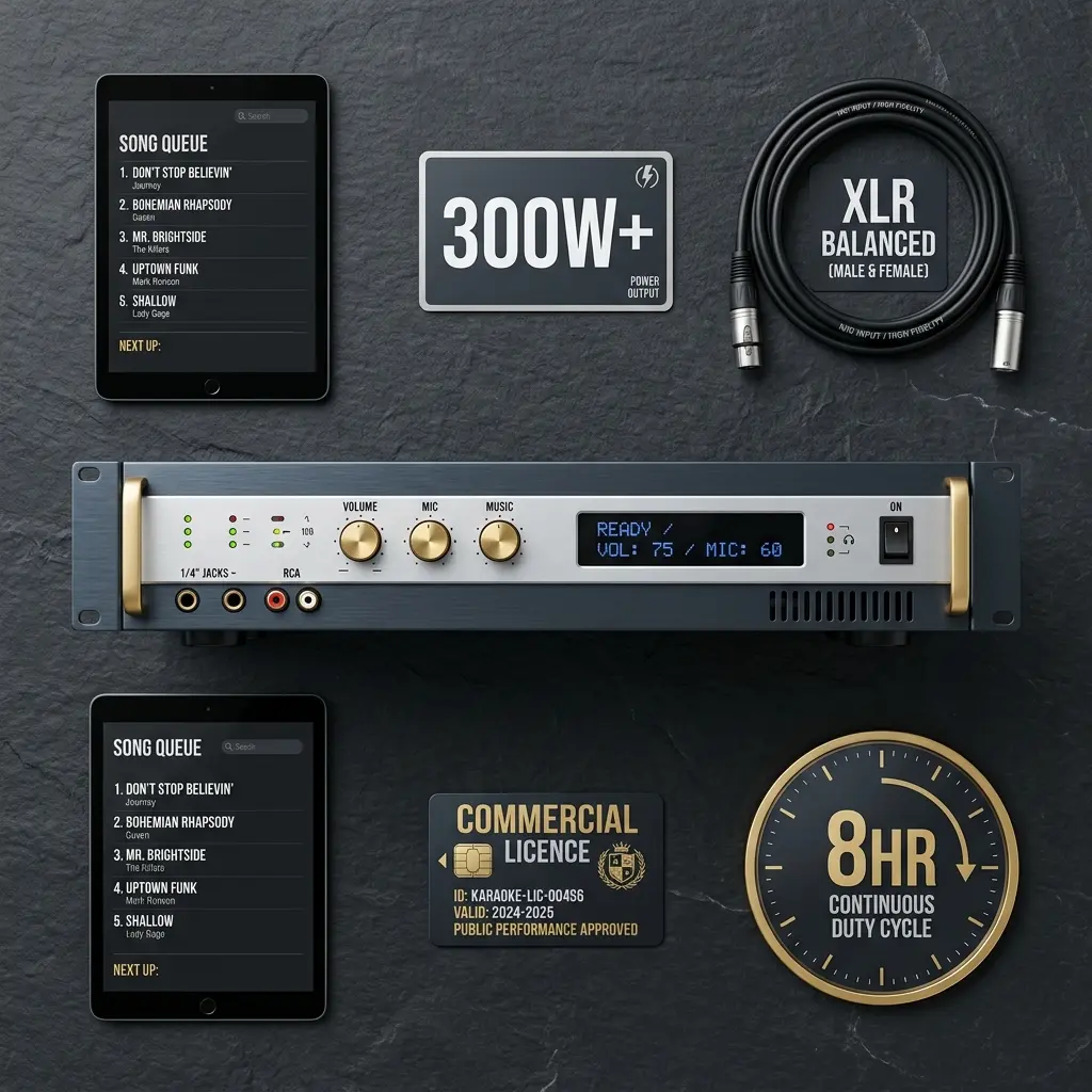 Professional karaoke machine buying criteria flat lay: 300W+ output, XLR balanced inputs, 8hr duty cycle, commercial licence, song queue management