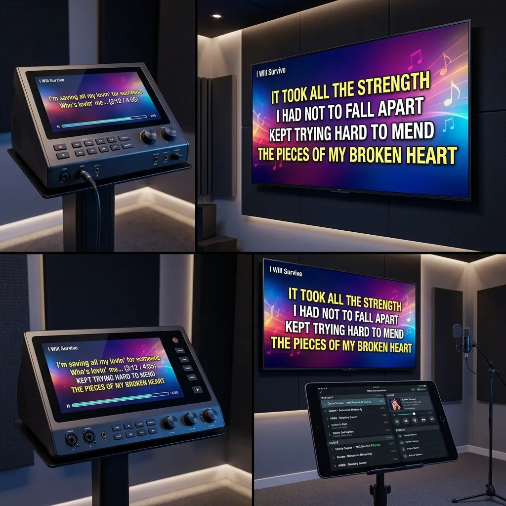 Three professional karaoke lyrics display configurations: built-in machine screen, HDMI TV output, and dual-screen host management setup
