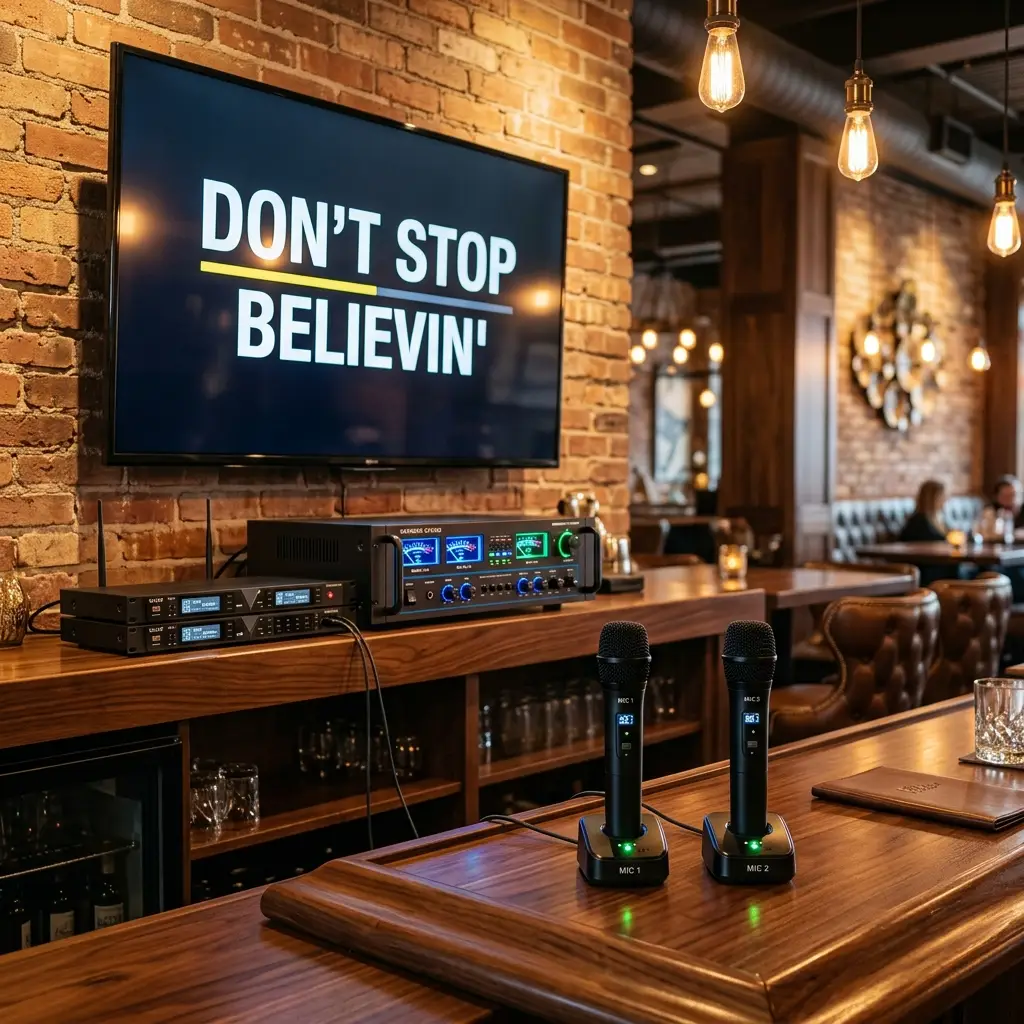Best Professional Karaoke Machine 2026 - The best professional karaoke machine setup in a bar interior with lyrics displayed on wall-mounted TV and two wireless microphones on charging stands