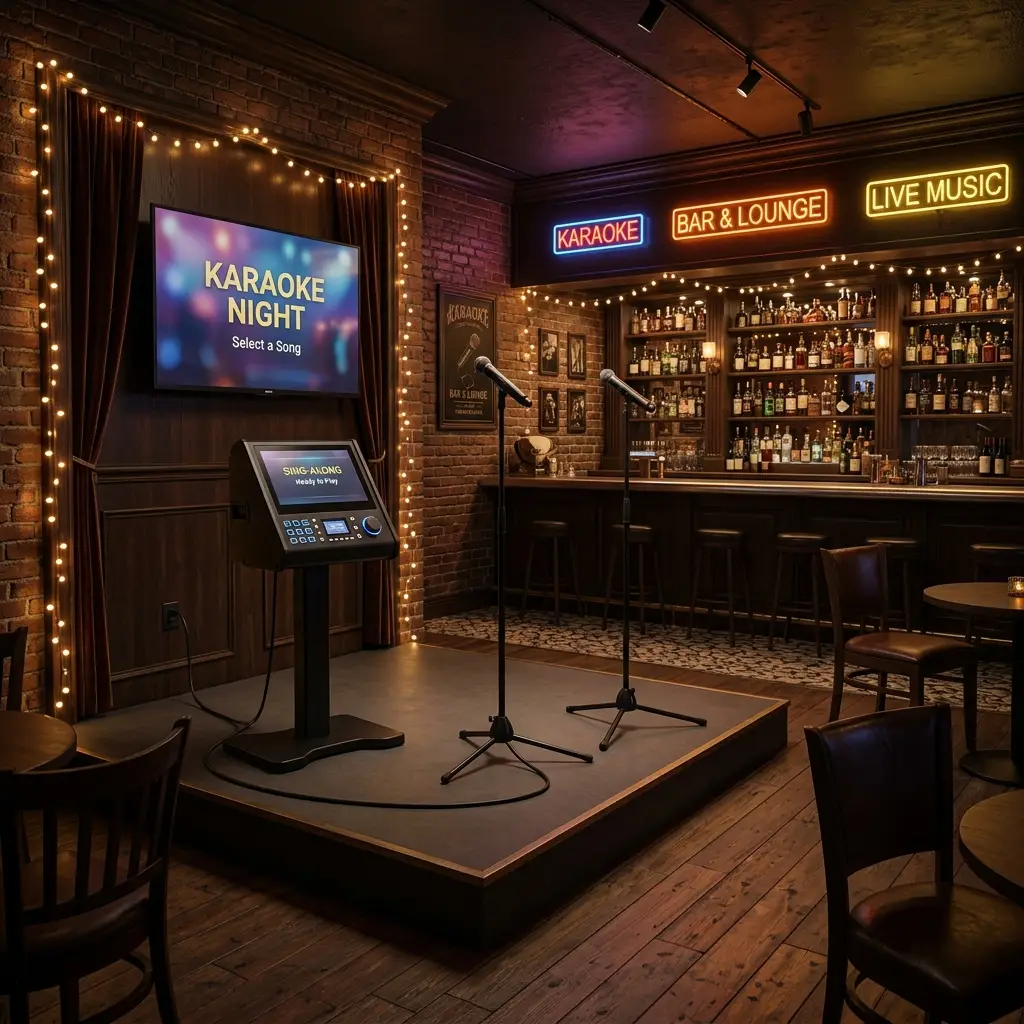 Small bar karaoke setup with professional machine on stage platform connected to wall-mounted TV via HDMI cable