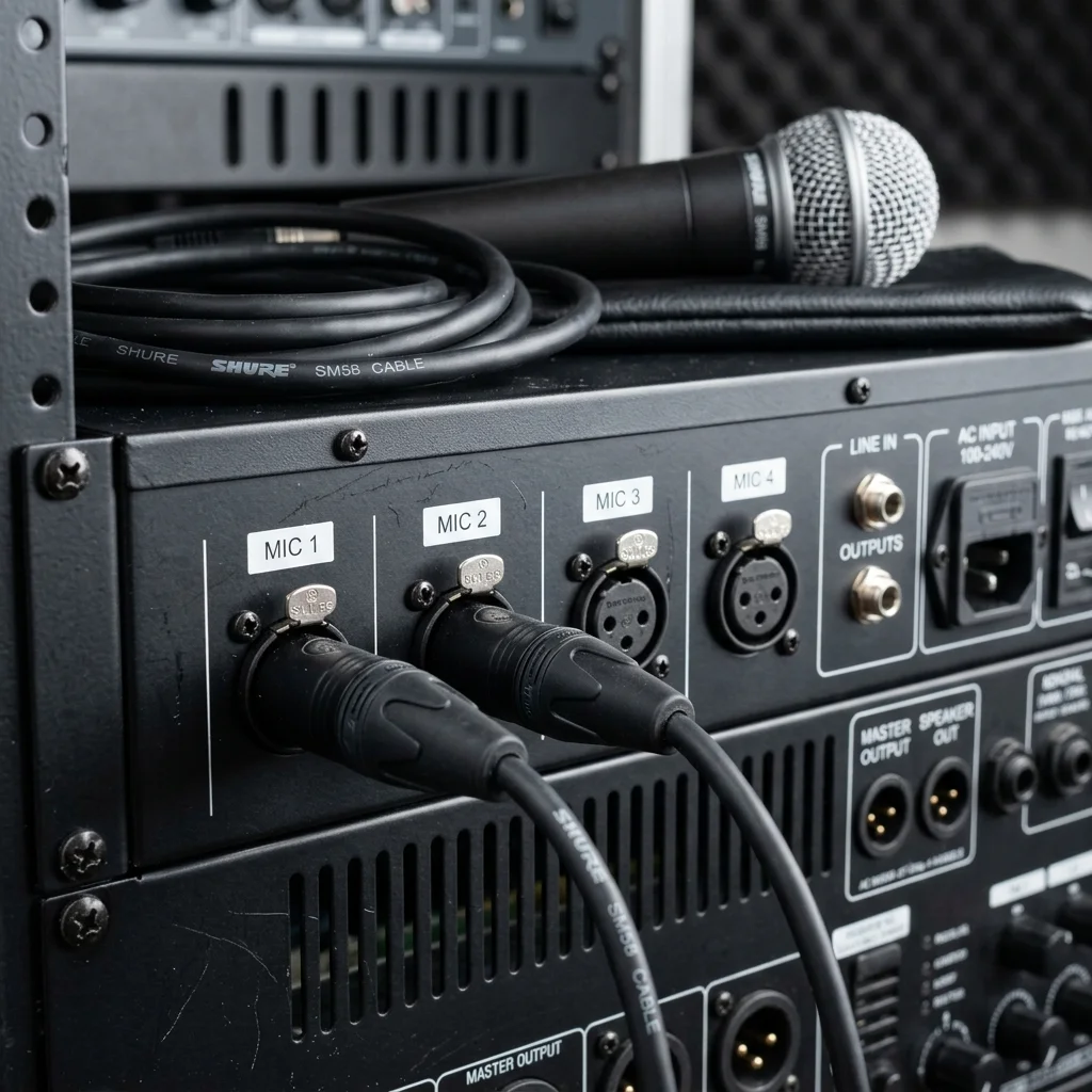 Professional karaoke amplifier rear panel showing 4 XLR combo microphone input jacks with 2 connected microphone cables