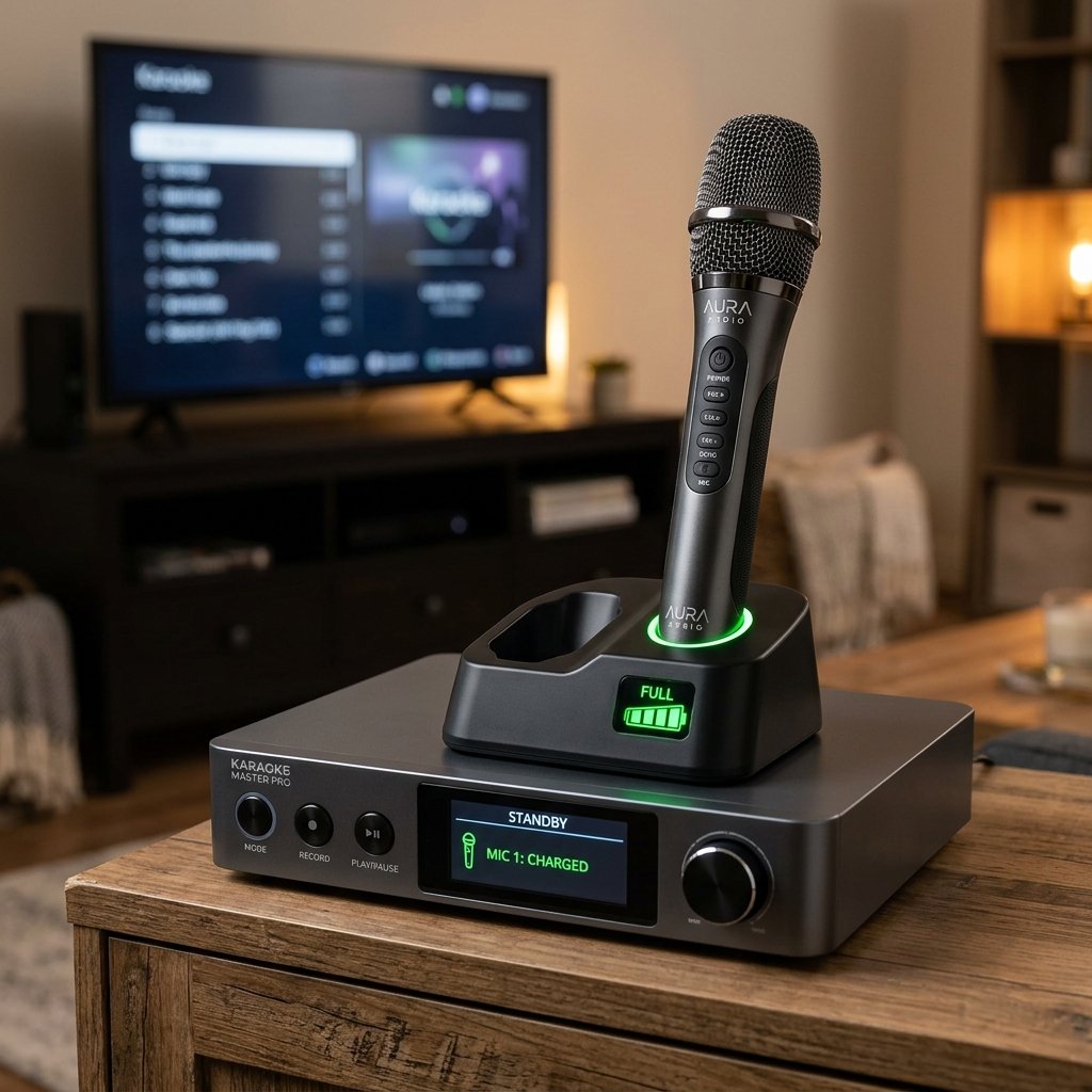 Self-charging wireless karaoke microphone in its charging dock on a karaoke machine